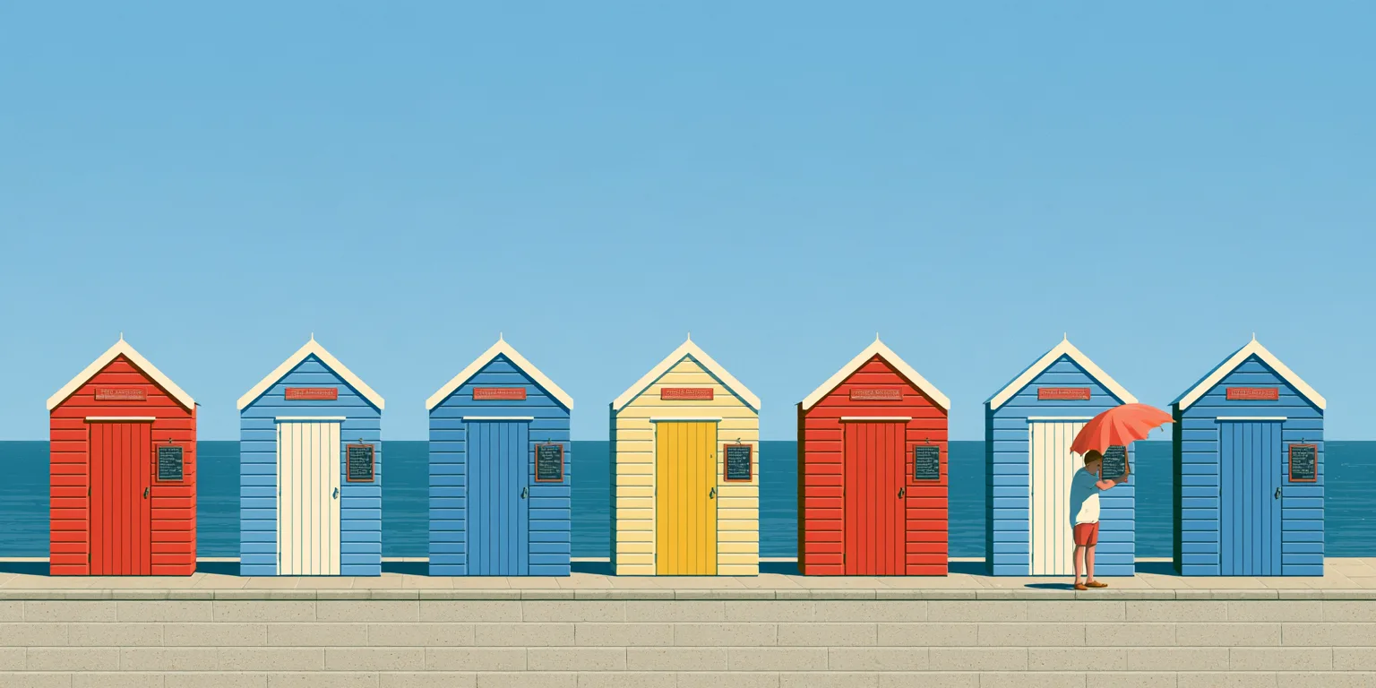 Seven painted beach huts in a row along a seafront promenade, each with a small chalkboard by its door, and a visitor under a red parasol reading the board on one of them.