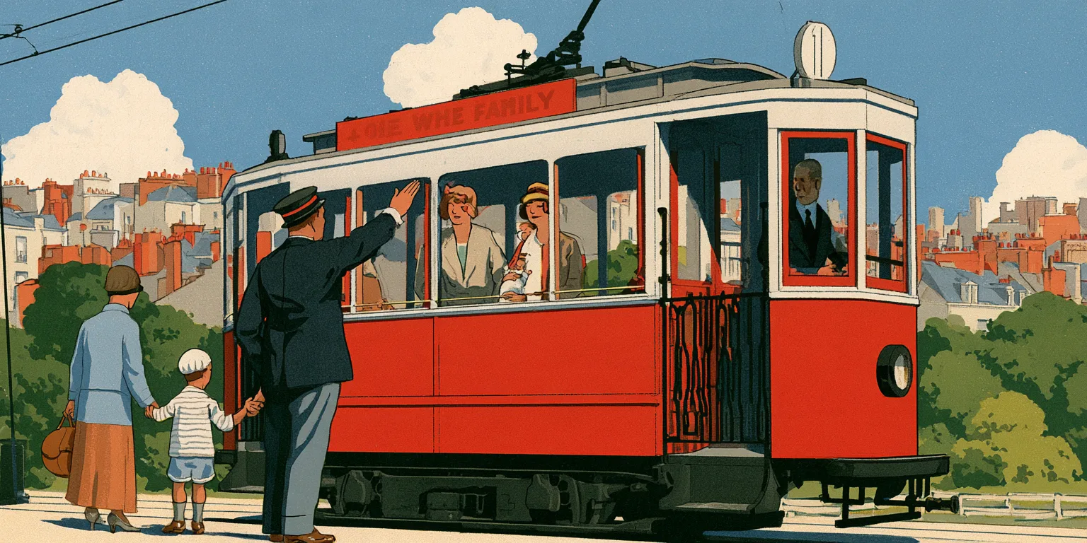 A red 1930s tram with a conductor waving a mother and child aboard while a family already sits inside, red-roofed town behind.