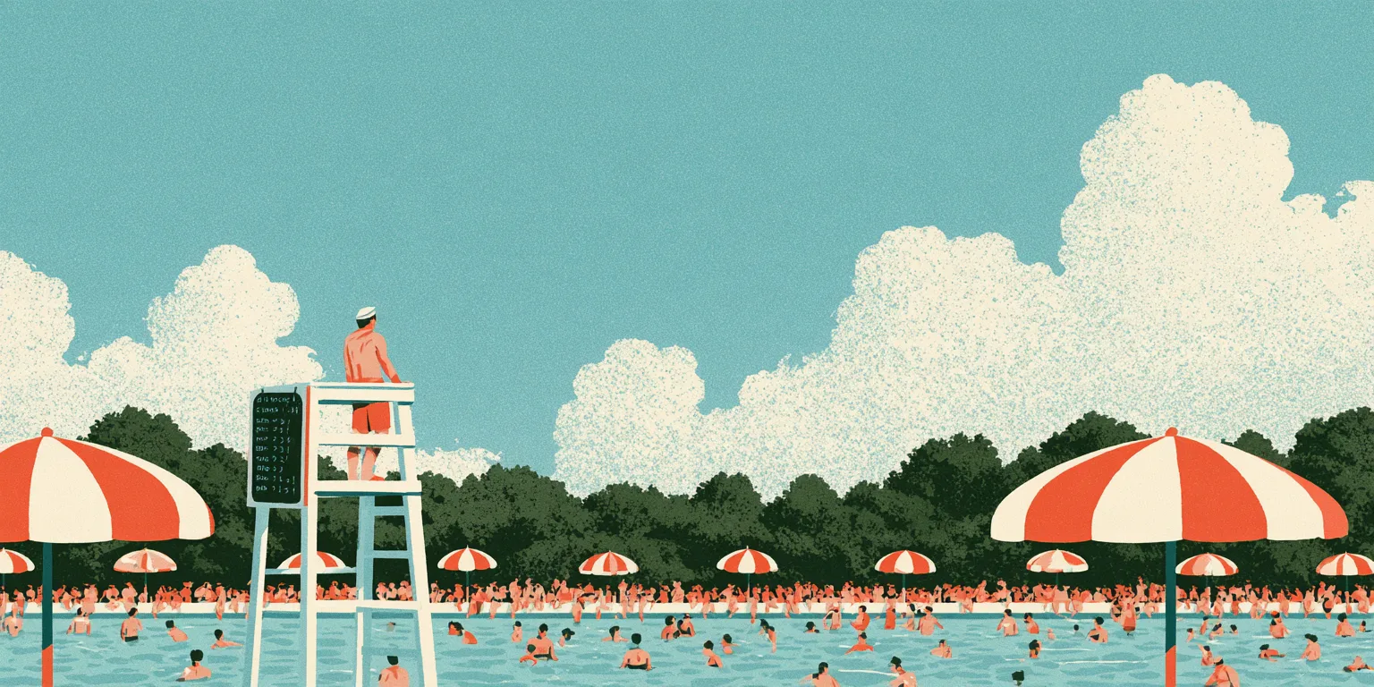 A lifeguard on a tall white chair over a crowded outdoor pool, a chalk slate of tallies hung on the chair, striped red and white umbrellas along the edge.