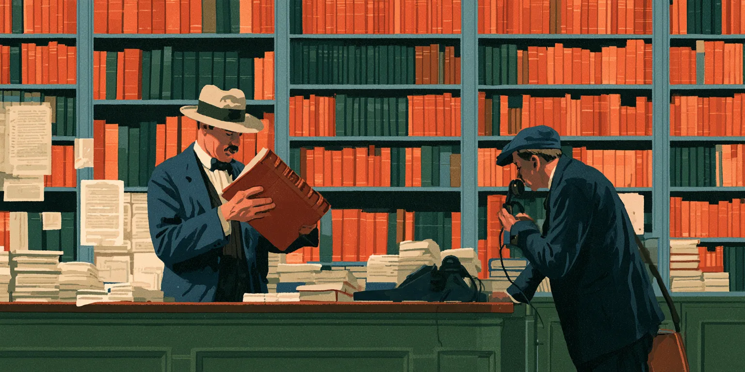 Bookseller at a cluttered counter holding up a thick red book with no price while the customer leans in on the telephone.