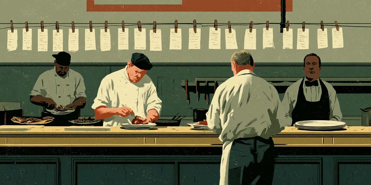 A row of handwritten order tickets pegged to a wire above a restaurant kitchen pass, with two cooks in white plating food behind the counter, a waiter in a bow tie beside a stack of plates, and a man in an apron seen from behind.