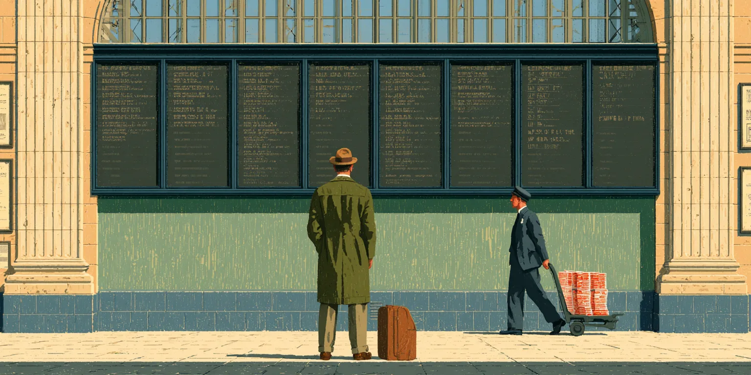 Traveler with a suitcase reading a railway departures board of seven dark panels while a porter wheels a trolley of red surcharge tickets past.