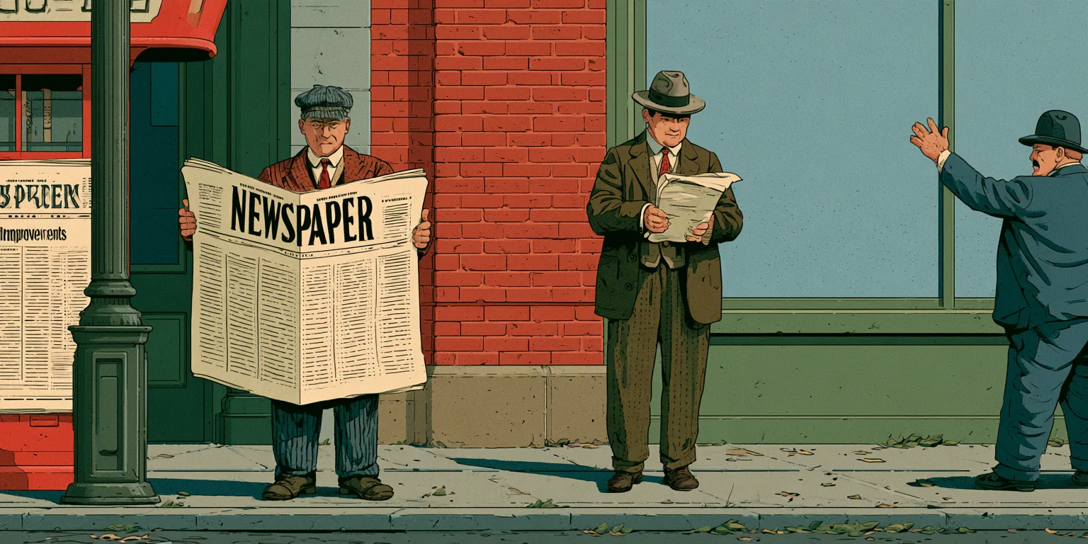 A newspaper seller holding up a paper on a street corner while a man in a hat reads a few loose sheets and a bystander raises a hand.