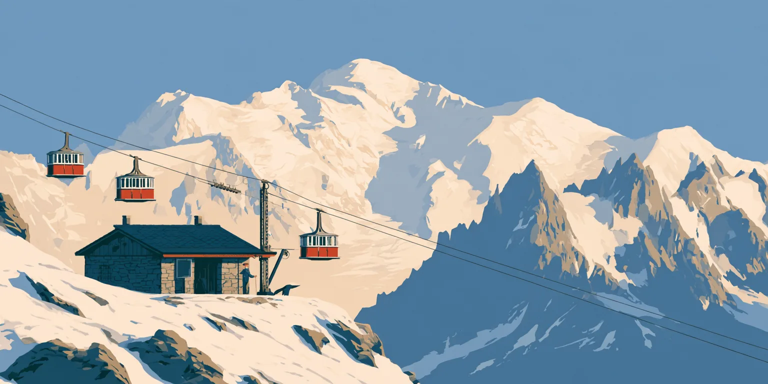 Three red cable cars on one line rising from a small stone station on a snowy ridge, a station keeper at the door, white peaks behind.