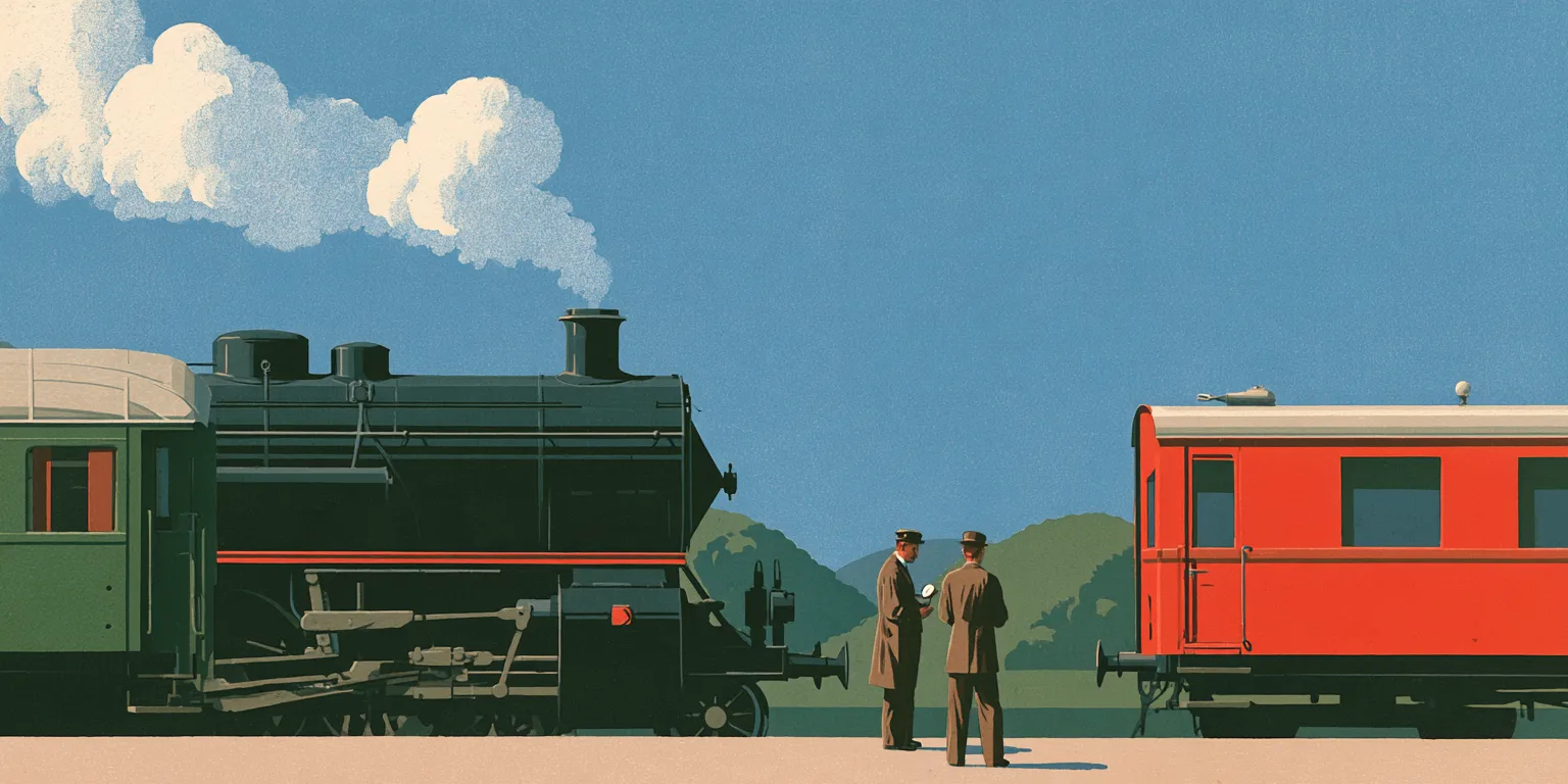 Black express locomotive and a small red single coach facing each other on the same platform while a conductor shows a stationmaster his pocket watch, green hills behind.