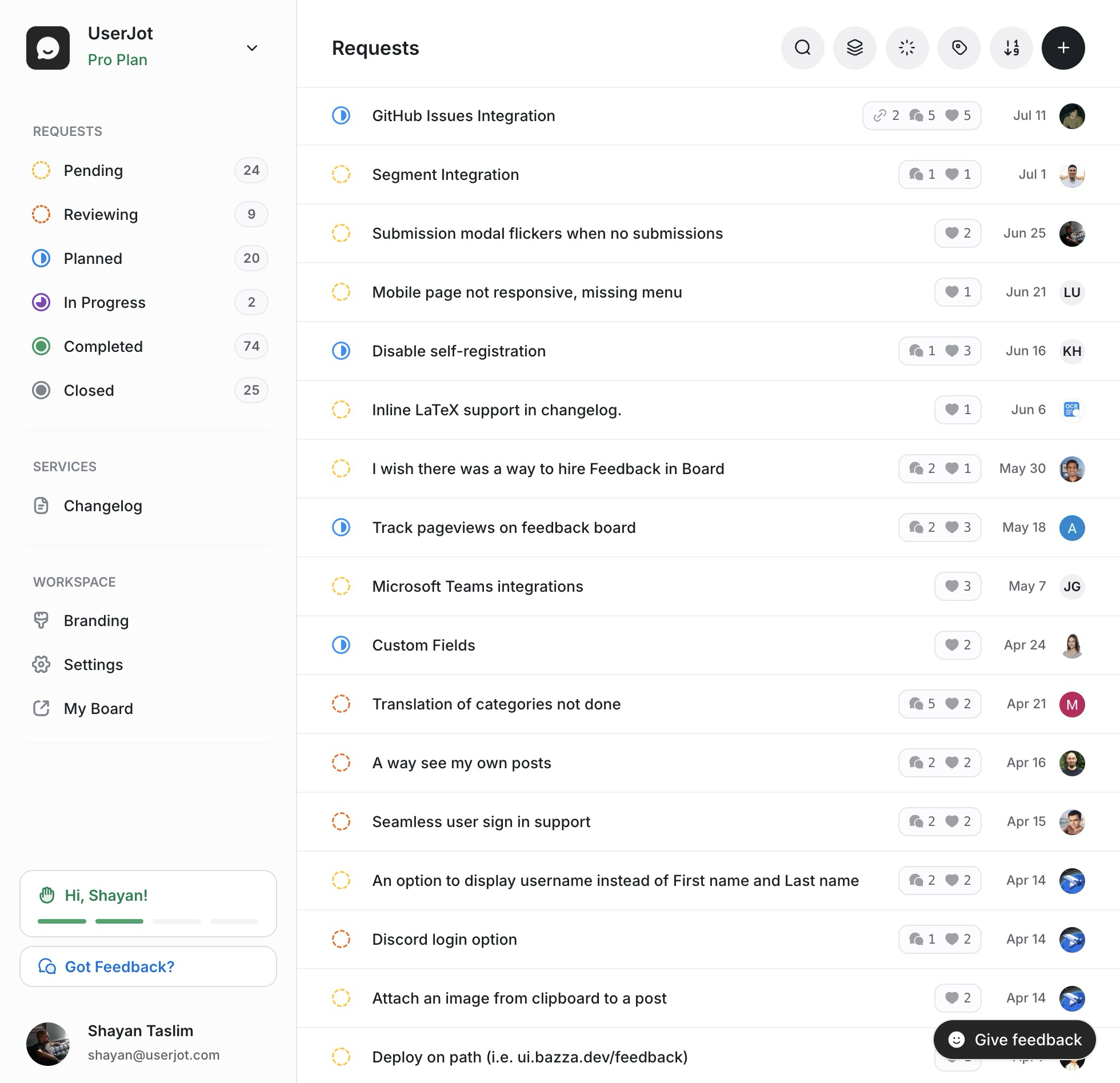 UserJot Feedback Dashboard