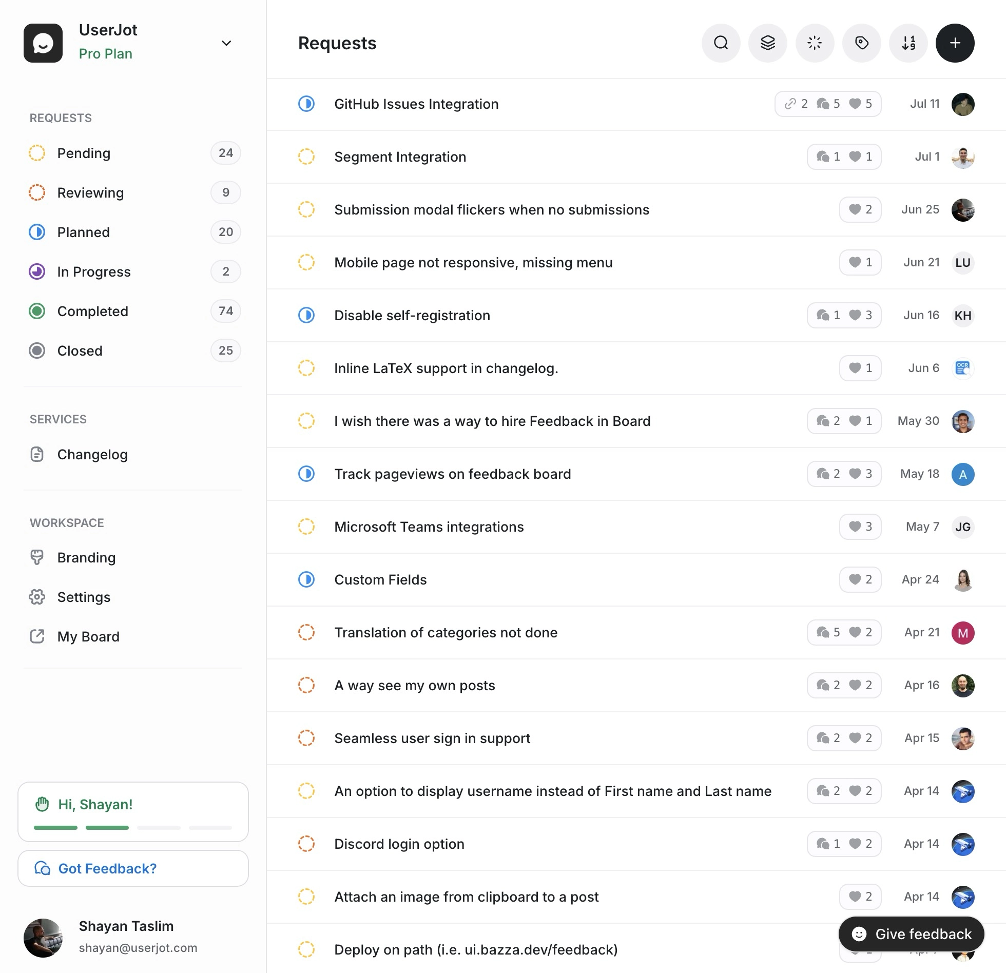 UserJot Feedback Dashboard