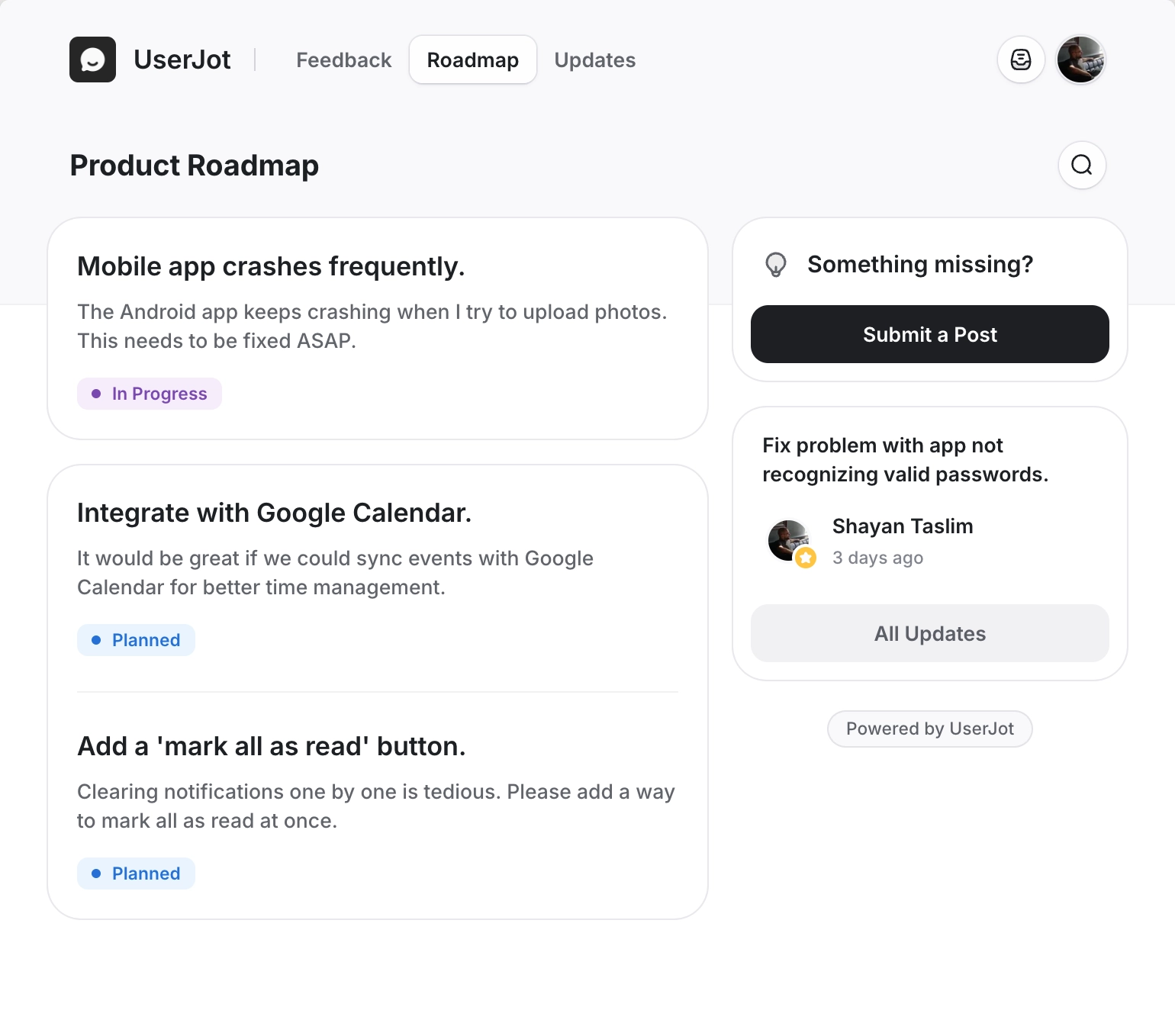 UserJot Public Roadmap Dashboard